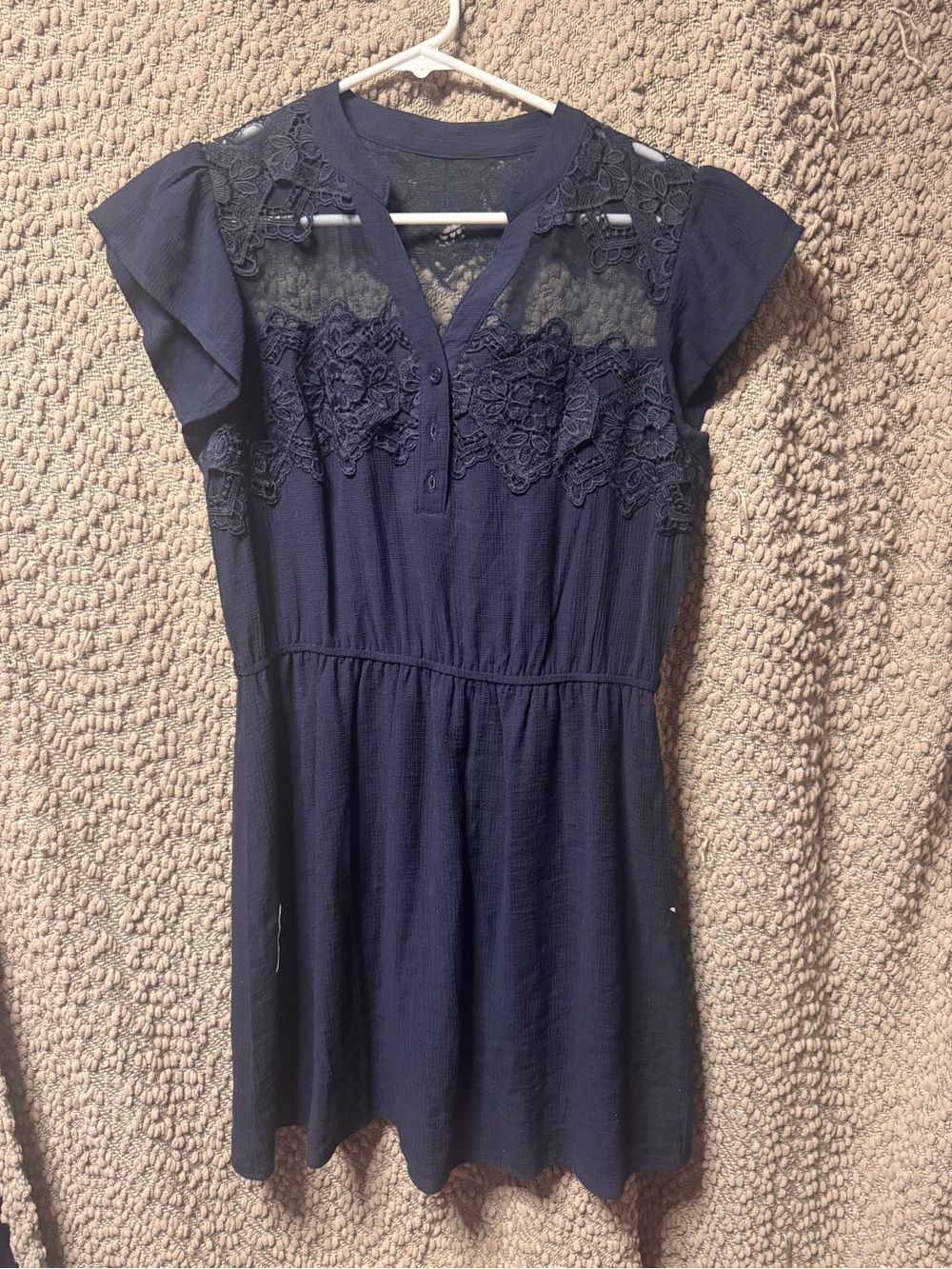 Sweet Wanderer Navy Lace Yoke Flutter Sleeve Dress